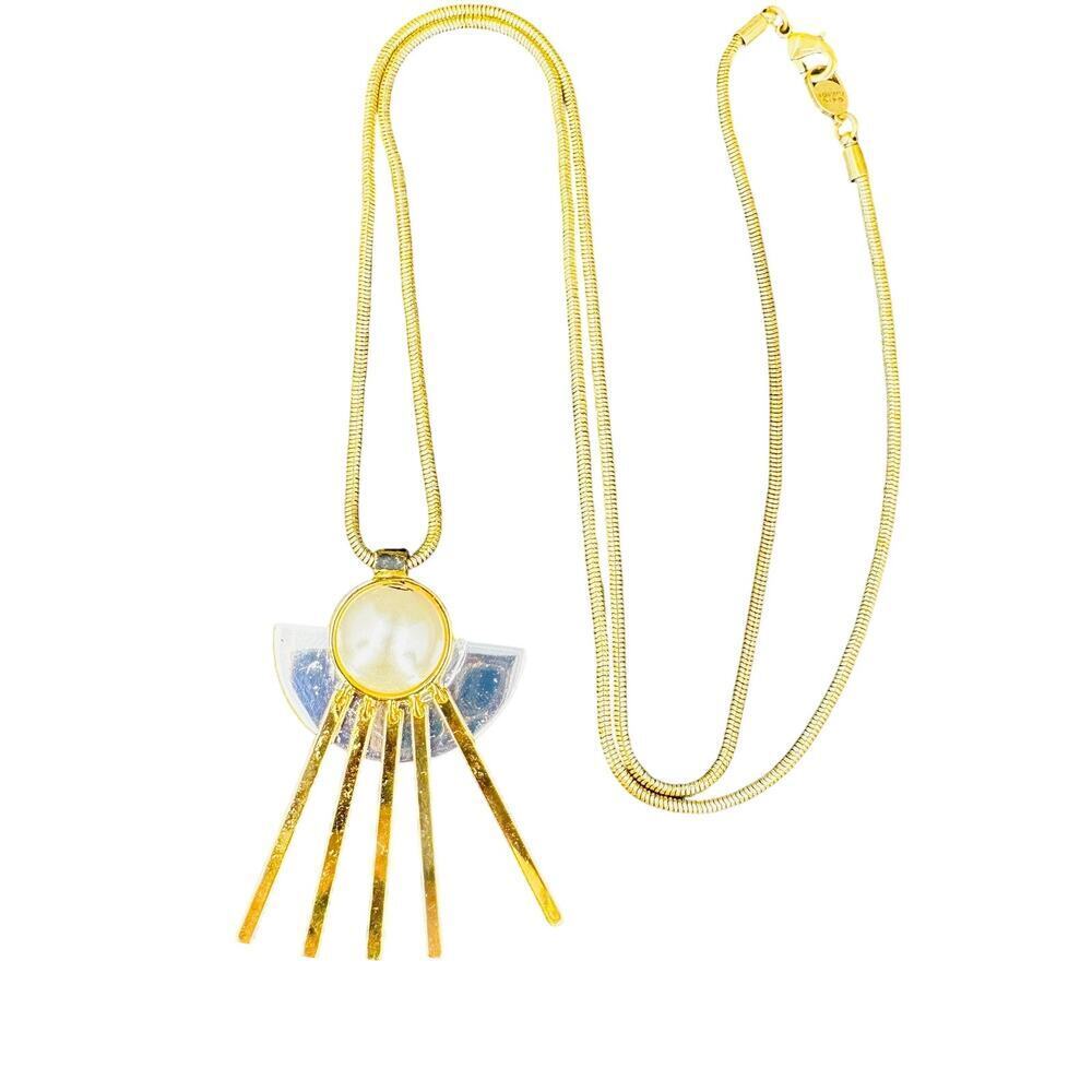 Jenny Bird Gold Tone Necklace Faux Pearl  Pendant  Pendant Snake Chain Link 30"